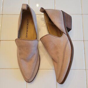 Lucky Brand MAHZAN Hazel Suede Ankle Booties 6.5M Heeled Loafers‎ Tan Metallic
